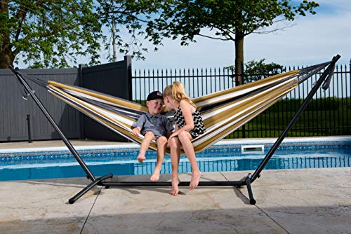 Vivere Double Cotton Hammock with Space Saving Steel Stand, Upgraded Polyester End Strings 450 lb Capacity - Premium Carry Bag Included (Desert Moon) - color: Desert Moon