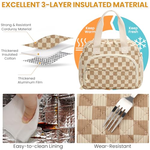 ELONGRIVER Corduroy Insulated Lunch Bag for Women Teen Girls, Portable Adult Lunch Box, Reusable Tote Cooler Bags, Lightweight Womens Lunch Bags with Front Pockets Work Picnic Travel,Khaki Checkered - color: Khaki Checkered