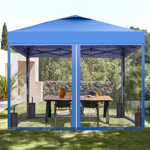 GDY 10x10 Pop up Canopy Tent with Mosquito Netting, Easy up Gazebo for Patio, Camping and Garden, Includes 4 Sandbags, Blue - color: Blue, size: 10x10 with Mosquito Netting