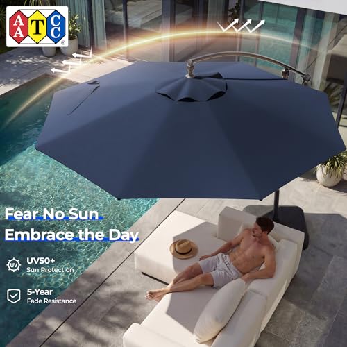 HOMSHADE 10ft Offset Patio Umbrella - w/Base, Cantilever Offset Hanging Patio Outdoor Market Umbrella UPF50+ UV Protection with Easy Tilt and Crank for Pool Deck and Garden(Navy Blue) - color: Navy Blue
