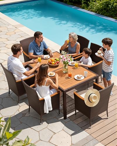 Flamaker 7 Piece Patio Dining Set Outdoor Acacia Wood Table and Chairs with Soft Cushions Wicker Patio Furniture for Deck, Backyard, Garden (Brown) - color: Brown, size: 7 Piece