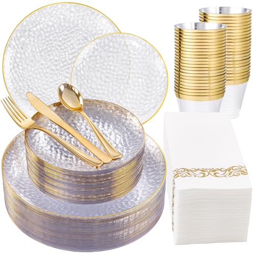 DaYammi 175PCS Clear Gold Plastic Dinnerware Set, Plastic Plates Disposable Hammered Disposable Plates for Party, Include: 25 Dinner Plates 25 Dessert Plates 75 Gold Silverware 25 Napkins 25 Cups - color: Clear, size: 175 Pcs