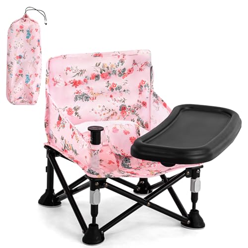 Booster Seat for Kitchen Chair with Removable Tray, Portable Foldable Baby Chair for Babies 6-36 Months, Indoor Outdoor Toddler Camping Chair (Pink Floral Design) - color: Pink Floral Booster Seat