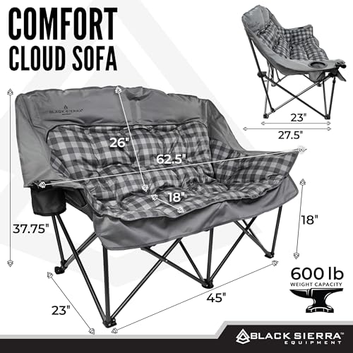 Black Sierra Double Loveseat Comfort Camping Couch, Oversized Folding Chair for Adults, 600‑lb Capacity, Plush Padded Heavy Duty Outdoor Seat with Cup Holders & Carry Bag for Beach, RV | Double loveseat - color: Grey