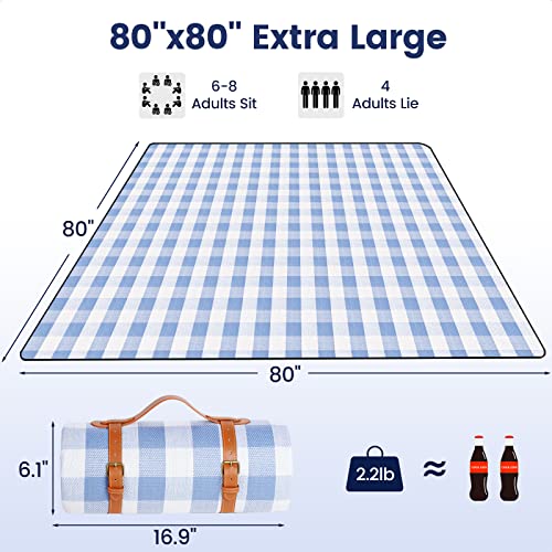 sapsisel 80”x 80” Picnic Blanket Extra Large, Waterproof and Foldable Beach Blanket, 3-Layer Outdoor Blanket for 6 to 8 Adults, for Camping, Park, Beach, Grass, Indoors… - color: White & Blue Grids