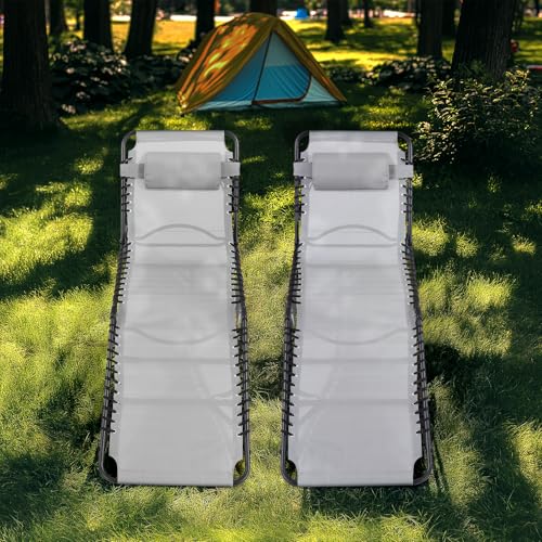 Unovivy Outdoor Chaise Lounge Chairs Set of 2, Portable Folding Pool Lounge Chair with 5-Position Reclining Back, Teslin Tanning Chair for Pool, Beach, Patio, Sunbathing - color: Grey