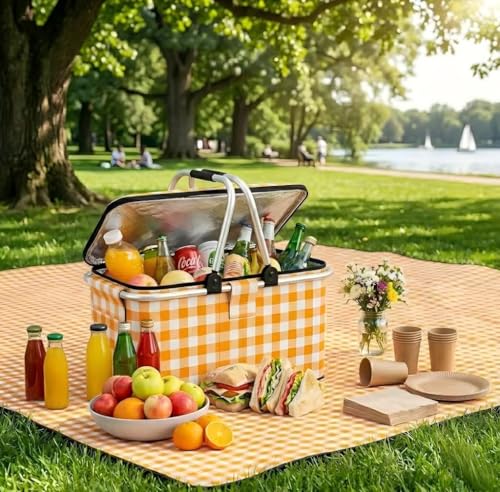22L Collapsible Picnic Basket with Insulated Cooler, Includes Oversized 80"x80" Waterproof Blanket, Leakproof Aluminum Frame Market Grocery Tote for Family Camping, Beach & Outdoor Dates Yellow Plaid