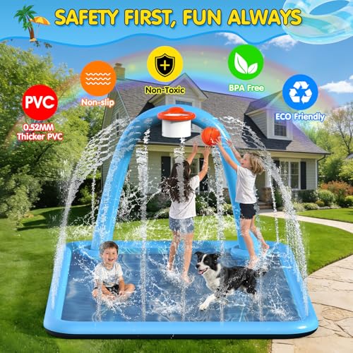 Instraella Splash Pad, 110x91'' 2-in-1 Large Sprinkler Mat with Basketball Hoop and Arch for Kids Outdoor Play, Shoot Game for Backyard, Inflatable Water OutdoorToys More Fun for Boys and Girls - size: Square 110*91 in