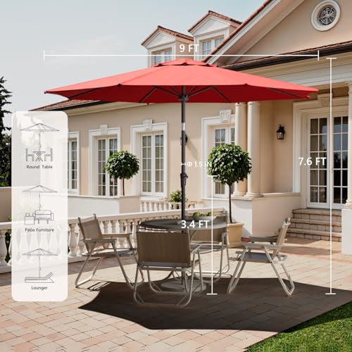 Outdoor Patio Umbrella with One Push Button Tilt and Crank, 8 Sturdy Ribs Market Table Umbrella - color: Red-Fiberglass Ribs, size: 10FT