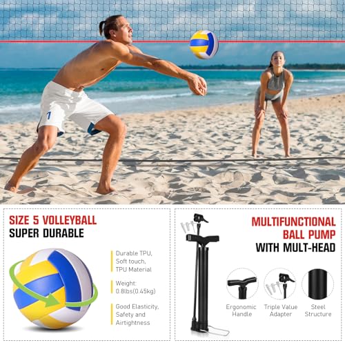 Freestanding Volleyball Net Set for Backyard - 12FT Portable Outdoor Volleyball Net Training Equipment with Soft Volleyball, Pump, Boundary Mark and Carry Bag for Park, Beach Games, Volleyball Sports - color: Red