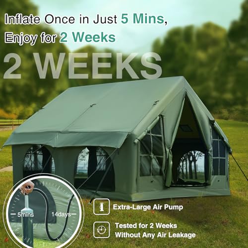 KNUO Inflatable Camping Tent, Large Blow-Up Air Tent, No Assembly Needed Luxury Glamping House, Oxford Fabric - color: Field Green-Dual-layer Doors, size: 10x10ft