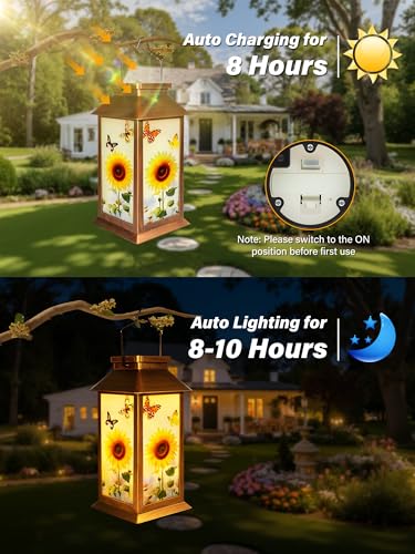 Mothers Day Gifts, Solar Lanterns Outdoor Waterproof Hanging Garden Decor with Sunflower Butterfly Pattern Outdoor Solar Lights for Garden Lawn Yard Patio Porch, Gifts for Mom Women Grandma - style: Sunflower Butterfly