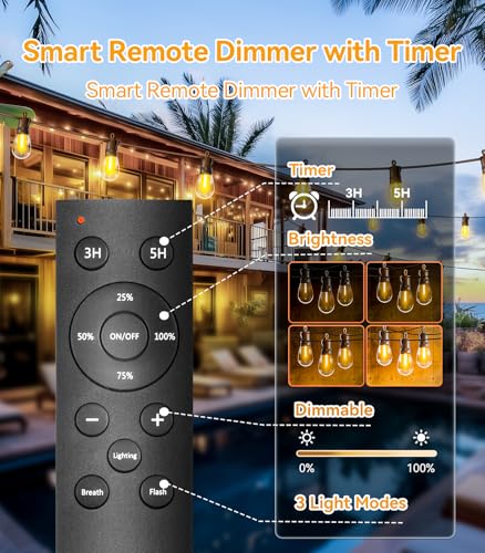Outdoor String Lights Patio LED - Light Outside 50Ft 15M Waterproof Remote Dimmable S14 Porch Lighting Edison Plastic Bulb Pergola Hanging Balcony Connectable Backyard Yard Gazebo Party Garden Bistro - size: 50ft-remote