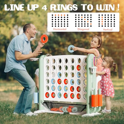 Giant 4-in-A-Row Connect Game Set, Adjustable Height Jumbo Yard Game with Golf, Basketball Hoop, Ring Toss & Mesh Pocket, Indoor & Outdoor Yard Connect Game for Kids Adults Family - color: Green