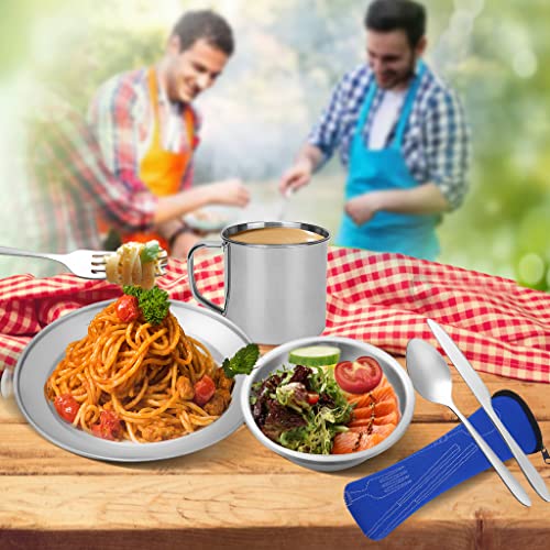 Stainless Steel Camping Cutlery Set - 8 Piece, Includes Spoons, Mugs, Bowls, Plates, Rags & Organizer Straps - Easy to Carry for Backpacking, Camping, Hiking and Picnics - color: Blue