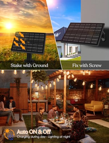 150ft Solar Outdoor String Lights with Remote - USB Rechargeable Solar Powered Outdoor Patio Lights - Timer, Dimmable Shatterproof ST38 Bulbs for Backyard, Garden, Pool - size: 150 Feet
