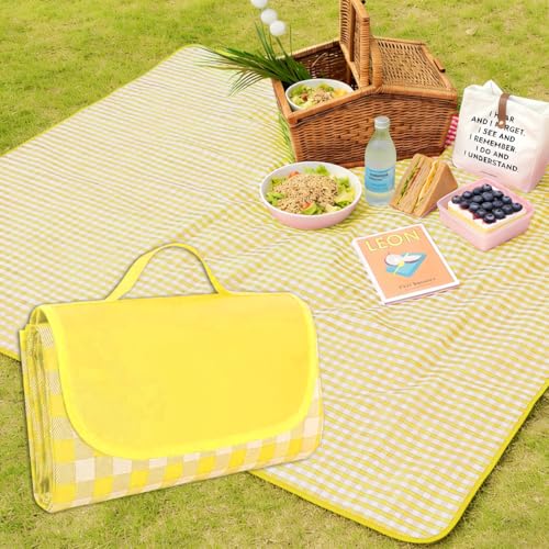 Extra Large Picnic Outdoor Blanket, 80''x80''Waterproof Sand Beach Mat, Foldable Blankets Gingham Picnic Mat for Beach Camping Grass Lawn Park Hiking Travel Accessories Family Concerts(Yellow White) - color: Yellow, size: 80''x80''