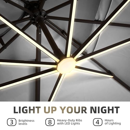 9 X 12 FT Cantilever Patio Umbrella with Led Lights and Base Included Outdoor Heavy Duty Double Top Rectangle Offset Umbrellas with 360-degree Rotation for Pool Deck Backyard, Foggy Grey - color: Foggy Grey, size: 9' X12' Weighted Base Included(LED)