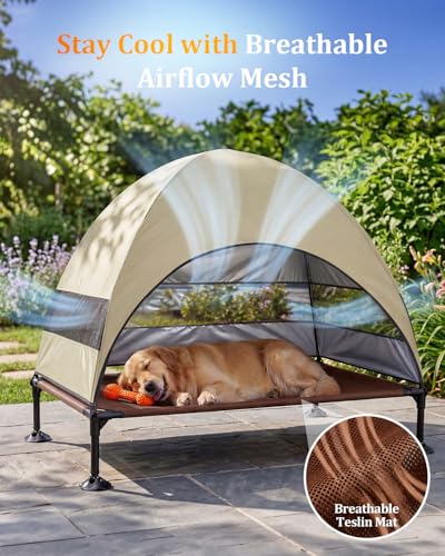Elevated Outdoor Dog Bed with Canopy, Raised Dog Cot with Stable Adjustable Feet, Dog Camping Bed with Larger Shade, Lifted Dog Tent Bed with Canopy for Outside (Beige, Large) - color: Beige, size: Large