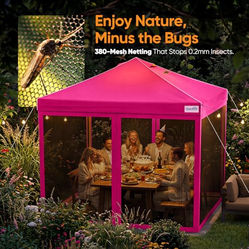 Quictent 10x10 Pop up Canopy Tent with Netting, Auto-Close Magnetic Doors, One Person Instant Setup Screen House Room Tent Screened Waterproof - color: Pink, size: 10'x10'