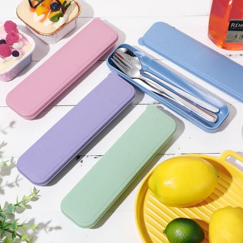 Yinkin 4 Pack Portable Travel Utensils Set with Case Reusable Stainless Steel Silverware Flatware Camping Cutlery Include Fork Spoon Knife for Work School Dishwasher Safe (Purple, Green, Blue, Pink) - color: Purple,Green,Blue,Pink
