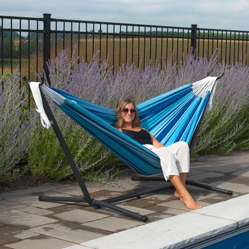 Vivere Double Cotton Hammock with Space Saving Steel Stand, Upgraded Polyester End Strings 450 lb Capacity - Premium Carry Bag Included - USA Grown Cotton (Island Breeze) - color: Island Breeze