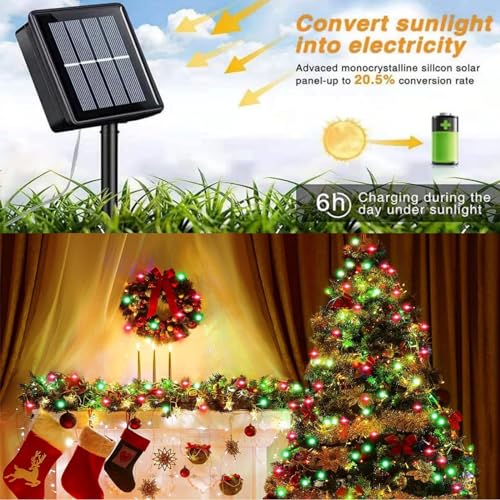 QITONG 4 Pack Solar Fairy Lights, Each 33ft 100 LED Red and Green Christmas String Light Outdoor Waterproof, 8 Modes Silver Wire Twinkle Mini Lights - color: Red/Green, size: 4Pack*100LED