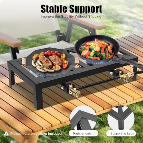 Portable Double Burner Propane Camp Stove, Cast Iron Outdoor Gas Cooker with 0–10 PSI Adjustable Regulator & Hose, 2 Burner Tabletop Stove for Camping, Tailgating, Patio Cooking