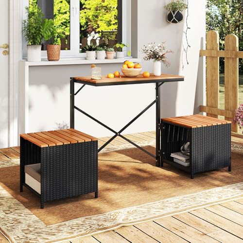 Tangkula 2-in-1 Outdoor Convertible Bench, Transforming Interchangeable Picnic Table Garden Loveseat with Metal Frame, PE Rattan Acacia Wood Foldable Table and Chairs Set for Porch, Backyard & Deck - color: Black, size: 66"