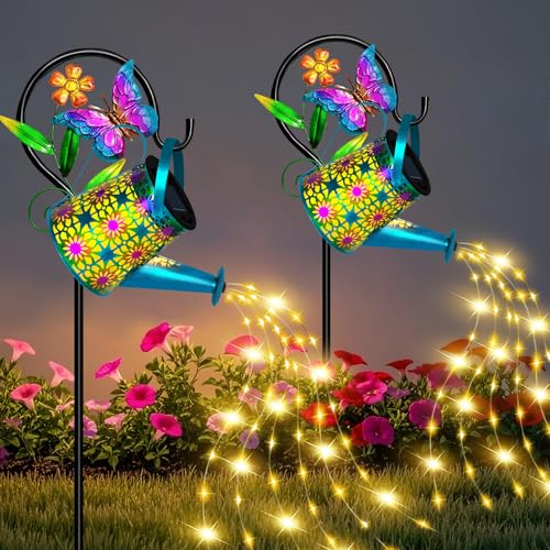 Solar Watering Can with Lights, Waterproof Solar Lantern with Butterfly Shepherd Hook, Hanging Garden Lights for Patio Yard Lawn Porch Outdoor Decoration 2 Pack - color: Blue Butterfly, size: 2 Pack