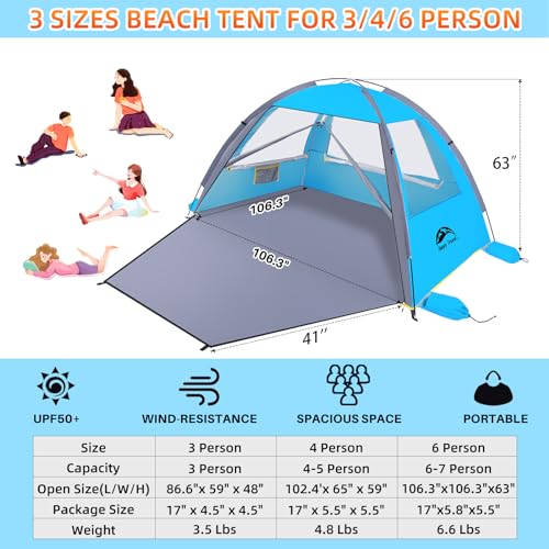 Happy Travel Beach Tent, UPF 50+ UV Protection Sun Shade Shelter for 3/4/5/6/7/8 Person, Portable Beach Canopy for Family & Baby, Lightweight & Easy Setup Beach Cabana with 3 Ventilation Mesh Windows - color: Sky Blue, size: 6 Person