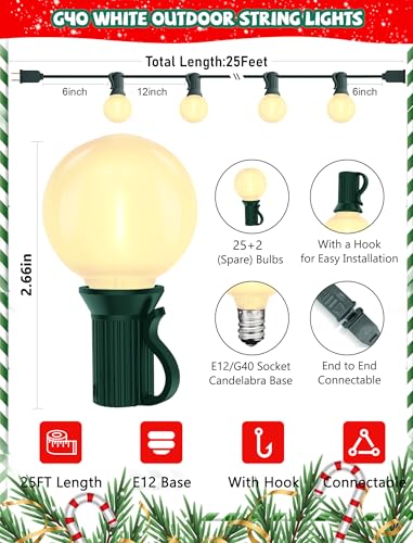 25Ft Christmas Outdoor String Lights, G40 Globe Lights with 27 0.6W Frosted Warm White Bulbs, Vintage Christmas Lights for Holiday Party Backyard Xmas Tree Wedding Garden Patio Porch Decor, Green Wire - color: Frosted White, size: 25Ft