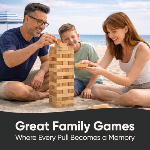 Giant Stacking Tower Game Over 5 FT - Premium Wooden Blocks Stacking Tower Game for Family Party, BBQ & Lawn Games - Natural