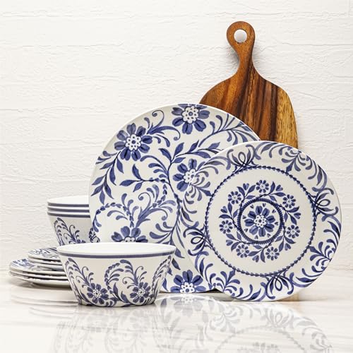 Bzyoo 12-Piece Melamine Dinnerware Set - Indigo Floral | Lightweight, Durable, BPA-Free | Dishwasher Safe Dish Set for Indoor & Outdoor Use - Perfect for Camping, BBQs, Kids Parties - color: Indigo Floral