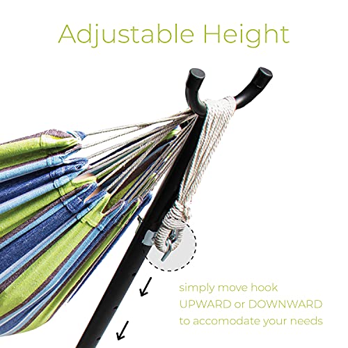 Backyard Expressions Double Camping Hammock with Steel Stand & Carrying Bag, Adjustable Height, Ultra Soft Cotton Blend, 550 lb Capacity, Indoor & Outdoor Portable Hammock - color: Verdant Bay