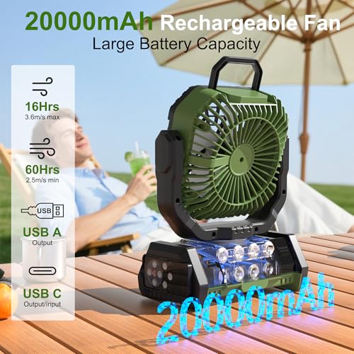 Honesorn Portable Rechargeable Fan 20000mAh, Camping Fan with LED Light & Remote, USB C Cordless Battery Powered, 4 Speeds Timer Hanging Hook for Travel Tent Outdoor Essentials - Green - color: Green