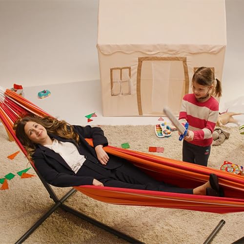 Vivere Double Cotton Hammock with Space Saving Steel Stand, Upgraded Polyester End Strings 450 lb Capacity - Premium Carry Bag Included - USA Grown Cotton (Mimosa) - color: Mimosa