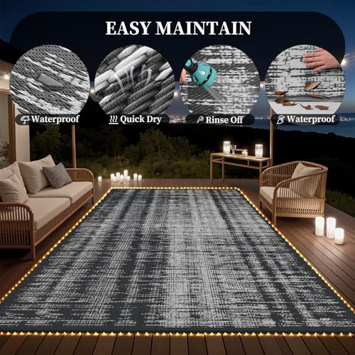 MontVoo Outdoor Rug Waterproof 9x12 ft with Strip Lights Outdoor Patio Rug Mat Reversible Plastic Straw Rug Outside Outdoor Rug for RV Camping Picnic Balcony Backyard - color: Grey Lighted, size: 9' X 12' (Rectangular)