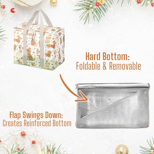 VENO 2 Pack Cooler Bag, Insulated Grocery Bags for Food Delivery, Collapsible Cooler, Reusable Shopping Bags for Groceries, Hard Bottom, Water Resistant, Zippered, Foldable (Holiday Pups, 2 Pack) - color: Holiday Pups, size: 15.7"W x 12.6"H x 8.7"D - 2 Pa