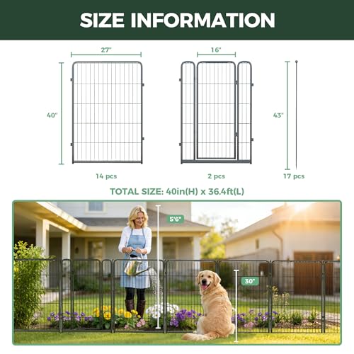 FXW Garden Fence Outdoor for the Yard – 40in(H) x 36.4ft(L) Heavy Duty Metal Animal Barrier for Dog, No Dig Decorative Dog Fence, 16 Panels, Silver - color: Silver, size: 40"H