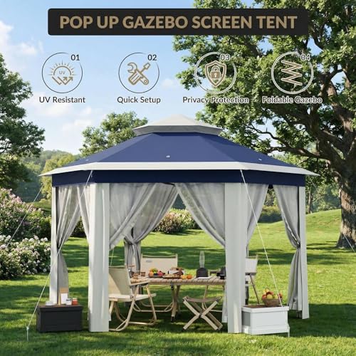 Takywep 13x13 ft Outdoor Gazebo Pop Up Canopy Tent, Heavy Duty Metal Frame, Double UV Protection, Privacy Screen Curtain, 3-Height Adjustable, Wheeled Bag & Ground Stakes for Backyard Patio Bule - color: Blue + Beige