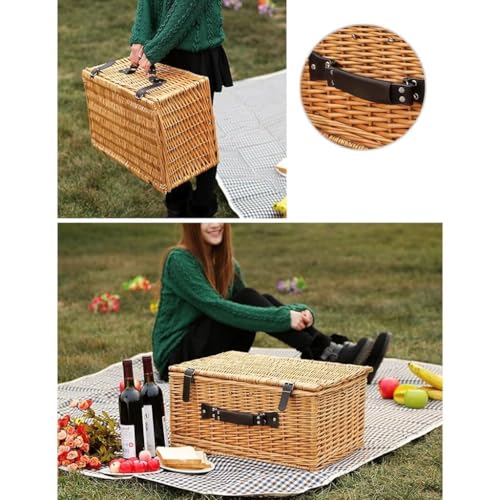 Wicker Picnic Basket for 2, Complete Picnic Set with Insulated Cooler Bag, Waterproof Picnic Blanket, Cutlery Set, Wine Glasses & More – Ideal for Outdoor Dining(4 Person Picnic Basket+Picnic Blanket) - color: 4 Person Picnic Basket+picnic Blanket
