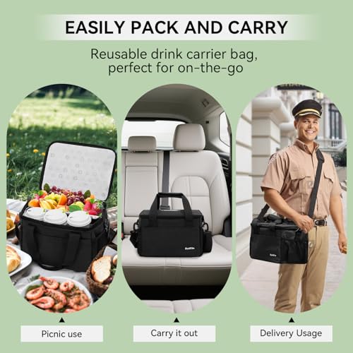 6 Cups Drink Carrier for Delivery, Reusable Cup Holder with Handle, Insulated Collapsible Drink Carrier, Adjustable Dividers, Shoulder Strap, Portable Cooler Tote Bag for Delivery, Travel, Car (Black) - color: Black