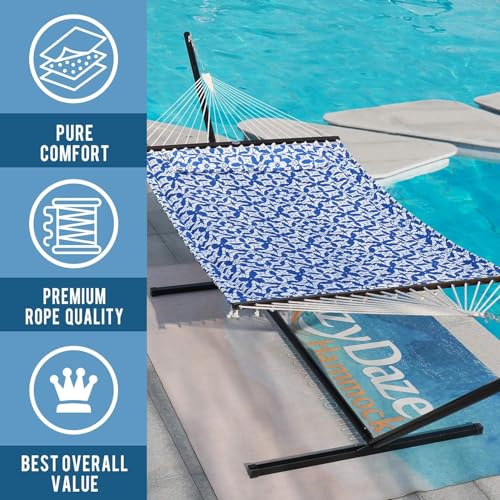 Lazy Daze Hammocks 12FT Quilted Fabric Hammock with Soft Pillow, Double 2 Person Tree Hammock with Spreader Bar for Outside Patio Poolside Backyard Beach, 450lbs Capacity - color: Floral Navy