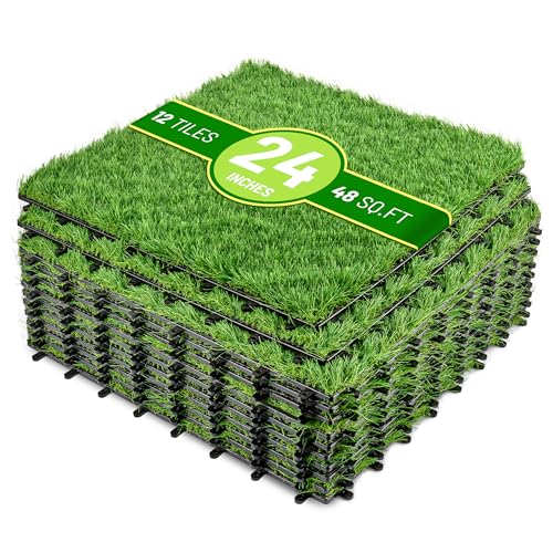 Sorbus 48Sq. Ft. Artificial Grass Tiles – Interlocking 24"x24" Fake Grass Mats for Balcony, Patio, Deck Flooring, Pets & Dog Pee Pad – Self-Draining Turf Squares with 8-Buckle System for Outdoor Decor - size: 12 Pack