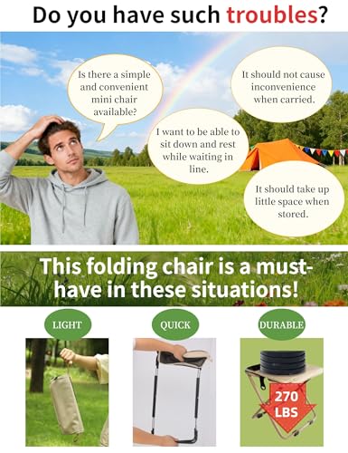 COMELY Portable Folding Chair for Outdoors: Heavy Duty Camping Stool for Adults, Compact Ultralight Collapsible Stools for Fishing Hiking Hunting & Backpacking, Khaki - color: Khaki