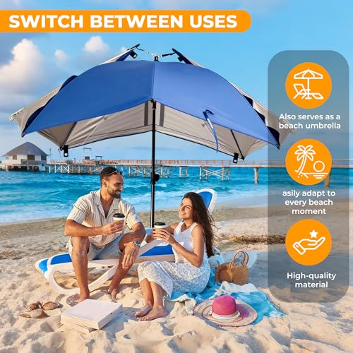 HOMEDEMO Beach Umbrella Tent (9.5ft, Blue) with Fan Canopy, 3-in-1 Umbrella Shade for Beach, Picnic, Bleacher, Sports Games - style: Blue
