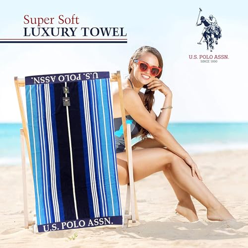 U.S. Polo Assn. 2-Pack Luxury Plush Cotton Oversized (40" x 70") Beach Towels, Striped Nautical Design, Hotel Quality for Bath & Pool- Blue/Teal - color: Blue/Teal, size: 40" x 70"
