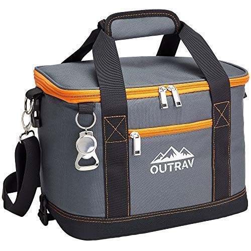 Collapsible Insulated Cooler Bag – 6L Thermal Lunch Bag with Bottle Opener, 16 Can Capacity – Perfect For Camping, Picnics and Travel - Handles and Removable Shoulder Strap - By Outrav - color: Grey with Orange Trim
