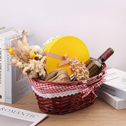 2 Pack 12.6 Inch Brown Wicker Basket with Checkered Lining, Oval Wicker Woven Basket with Handle, Willow Woven Picnic Baskets for Picnic, Camping, Party(Small) - size: 2 Pack 12.6in Brown